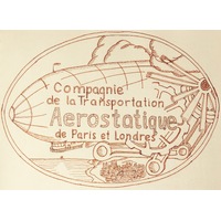 Aerostat luggage label, sepia technical pen on beige paper