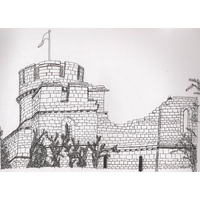 Part of Lincoln Castle, black fine liner on art paper (compare with marker pen drawings for a different angle)