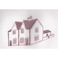 Pair of cottages, sepia fine liner on art paper